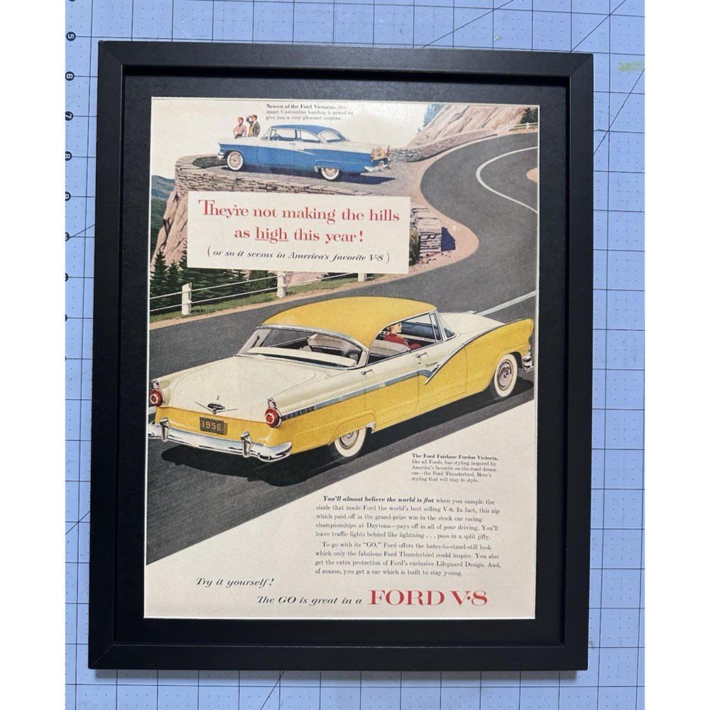 Framed 1956 Vintage Print Ad Ford Fairlane V8